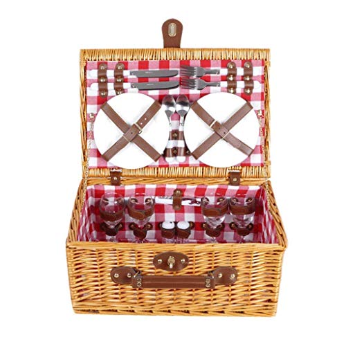 OhLt-j Deluxe 4 Person Traditional Wicker Picnic Basket Hamper with Cutlery, Plates, with Cooler Compartment and Bottle Cooler Bags Storage Baskets Picnic Baskets Hampers (Color : A)