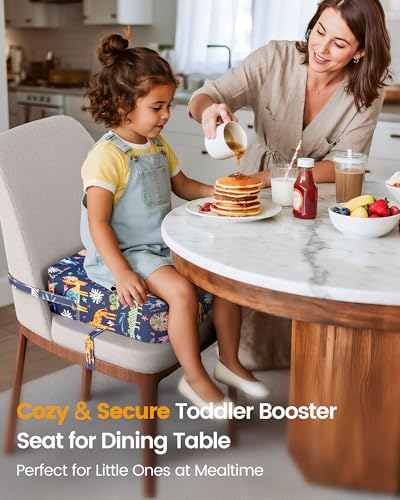 Image of Toddler Booster Seat for Dining Table and Kitchen Chair - Adjustable Safety Straps, PU Leather, Non-Slip, Easy to Clean, Portable Travel Foam Booster Cushion for Kids & Toddlers ((Blue-Animals)