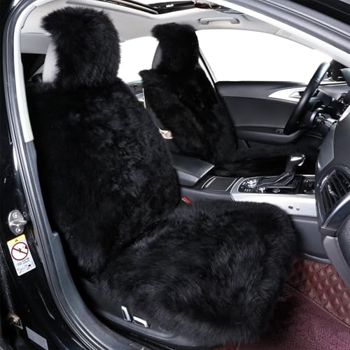 Image of AOGELAN Fluffy Sheepskin Car Seat Cover Long Wool Front Seat Cover Black