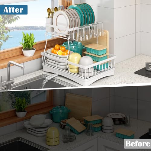 Image of 2 Tier Dish Drainer Rack for Kitchen with Drip Tray,Utensil & Cutting Board Holders for Kitchen Counter