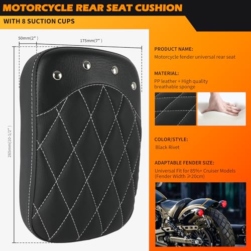 Image of DREAMIZER Universal Black Motorcycle Solo Passenger Seat Rear Cushion 8 Suction Cups Compatible with Harley Davidson Sportster XL 883 1200 Forty Eight Dyna Chopper Bobber Custom (Black-rivet)