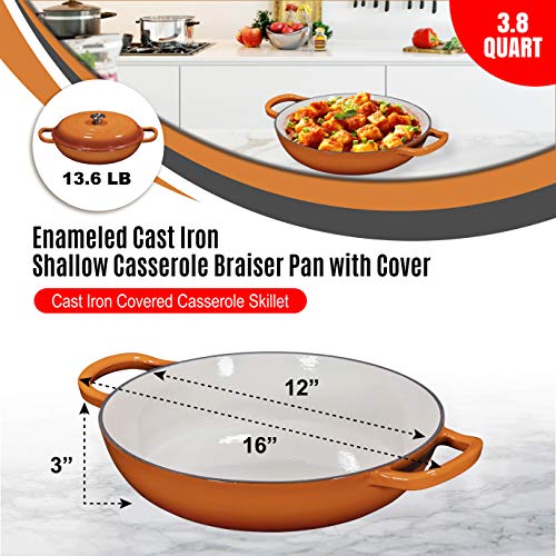 Bruntmor 3.8 Quart Enamel Cast Iron Dutch Oven With Handles And Lid, 3.8 Qt Pumpkin Spice Cast Iron Skillet, Enamel Shallow Cookware Braising Pan For Casserole Dish, Crock Pot Covered With Cast Iron #TOP2
