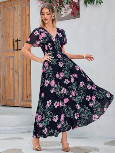 Image of Simplee Women's Boho Floral Maxi Dress Flowy Casual V Neck Short Sleeve Wedding Guest Holiday Beach Long Dress
