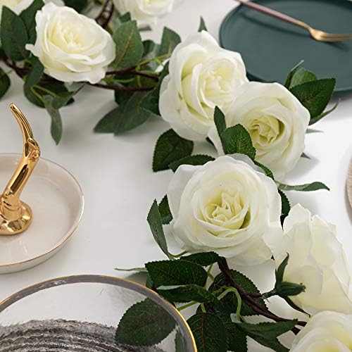 Artificial Rose Flower Garland White, 2pcs 15FT Silk Rose Flower Vines with 9 Big Rose head and Green Leaves, Good Choice Hanging Plant for Home Decor, Wedding Arch Decoration, Backdrop Decor(white,2)