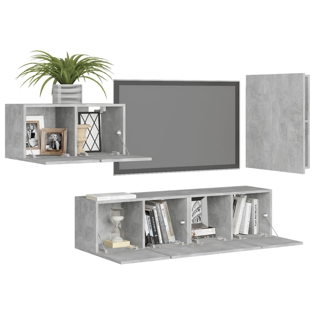 4-TLG. TV-Schrank-Set, Betongrau Holzwerkstoff, Hängend, Modernes Media-Center, Wandmontage, Stauraum für Wohnzimmer, Schlafzimmer