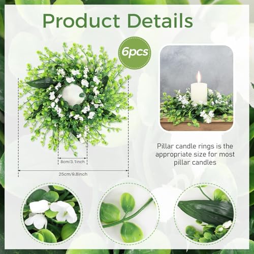 Image of 6 Pcs Green Boxwood Candle Rings Wreaths Mini Spring Summer Forsythia Wreath for Front Door Artificial Rings Wreaths with White Flowers for Pillar Porch Wall Window Farmhouse All Seasons Decor