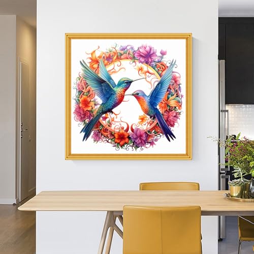 Image of Foxhool Stamped Cross Stitch Kits,11CT Printed Cross Stitch Pattern Full Embroidery Kits for Beginner Needlepoint Kits-Hummingbird Wreath 18x18 inch