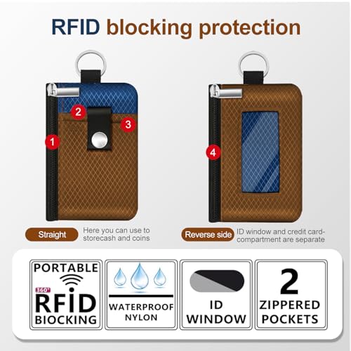 Image of Minimalist RFID Blocking Small Wallet with ID Window,WaterResistant Zip Id Case Wallet with Lanyard Keychain for Cards,Cash,Travel,Women,Men (Brown /Electric Blue)