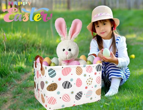 Image of Rectangle Empty Easter Baskets Boy Large Toy Storage Bin Girls collapsible Hamper Waterproof Canvas Box Kid Gifts Spring Decor( Flower Egg )
