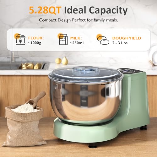 Image of Sunvivi Electric Dough Maker with Ferment Function, 5.3QT Dough Mixer with Adjust Time, Household Stand Mixer Kitchen Flour Kneading Machine, LED Touch Panel, 304 Stainless Steel Bowl, Green