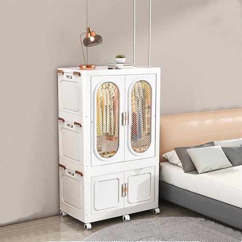 MECOLOR Faltbarer tragbarer Kleiderschrank Cube Storage Unit mit Tren und Kleiderbgeln, Aufbewahrung Organizer mit Rollen, Schlafzimmermbel, Wei, 84 cm (W) x 53 (L) x 144 (H), PL84-HC