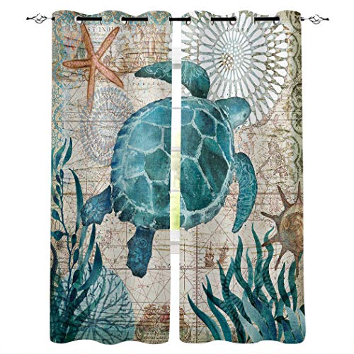 SODIKA Window Treatment Set Room Curtains for Living Room,Kitchen,Laundry, Bedroom - Sea Turtle Ocean Animal Landscape 2 Drape Panels,27.5"x39"