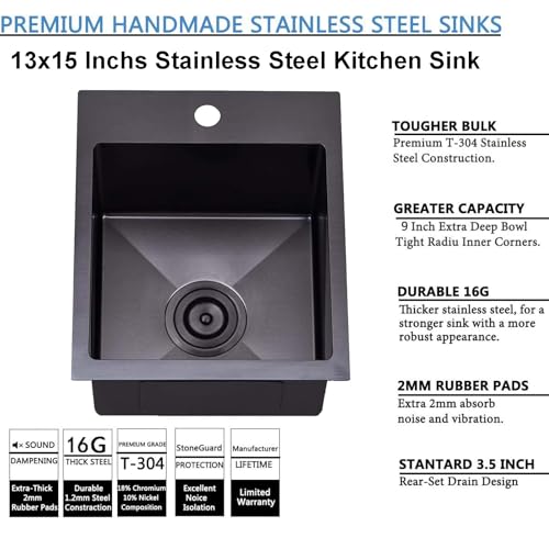 Image of 13x15 Inch Drop In Black RV Bar Sink, Stainless Steel Top Mount Gunmetal Black 16 Gauge Single Bowl Small Kitchen Outdoor Sink with Strainer Drain