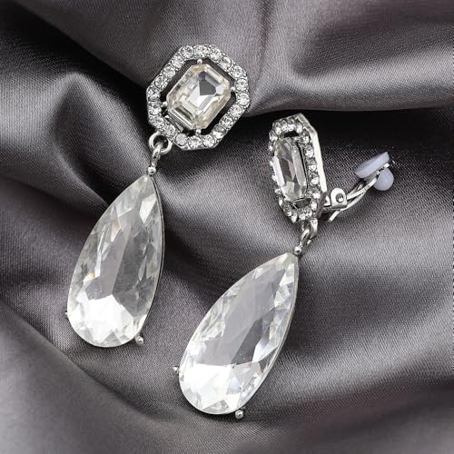 Women's Long Crystal Teardrop Clip On Drop Dangle Earrings(White) — view 3