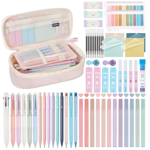 GUGUKUKU 58 PCS Aesthetic School Supplies with Cute Pencil Case 12 Pastel Highlighters 5 Gel Pens Black Ink9 Mechanical Pencils forStudent StationaryCollegeEssentials Gifts (pink)