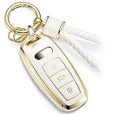 CTRINEWS for Audi Key Fob Cover with Metal Braided Rope Keychain Accessories, Upgraded Soft Key Case for A3 A6-A8 E-Tron S3 RS6-7 SQ7-8 Key Fob Shell (Gold Edge, D)