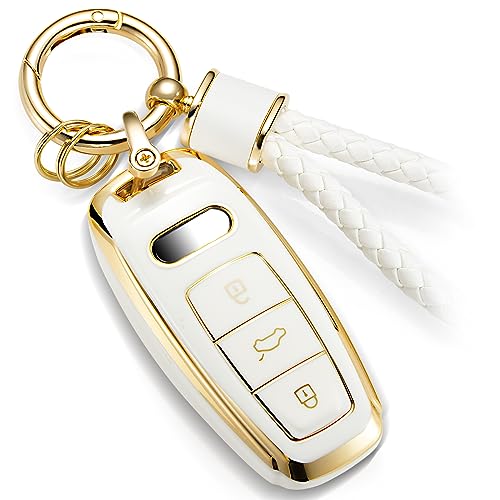 CTRINEWS for Audi Key Fob Cover with Metal Braided Rope Keychain Accessories, Upgraded Soft Key Case for A3 A6-A8 E-Tron S3 RS6-7 SQ7-8 Key Fob Shell (Gold Edge, D)