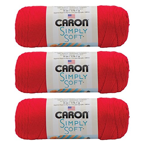 Image of Caron Simply Soft 3-Pack Yarn, 3oz, Gauge 4 Medium Worsted, 100% Acrylic -Red - Machine Wash & Dry