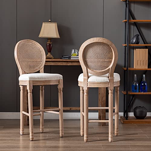 HomSof French Country Wooden Barstools with Rattan Back for Kitchen Counter Tall Bar Height Chairs Set of 2