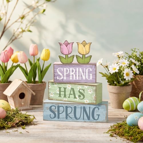 Image of Moucuny 4 Pcs Spring Table Decorations Wooden Stacked Block Sign with Tulip Decor - inchspring Has Sprung inch Centerpiece Rustic Easter Tiered Tray Decorations Flower Signs for Home Kitchen Tabletop Mantel