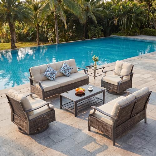 Yalissey 6 Pieces Outdoor Conversation Sets with Swivel Chairs, Metal Outdoor Patio Furniture Set, Wicker Rattan Outdoor Sectional Sofa Set for Backyard, Deck, Porch, Beig