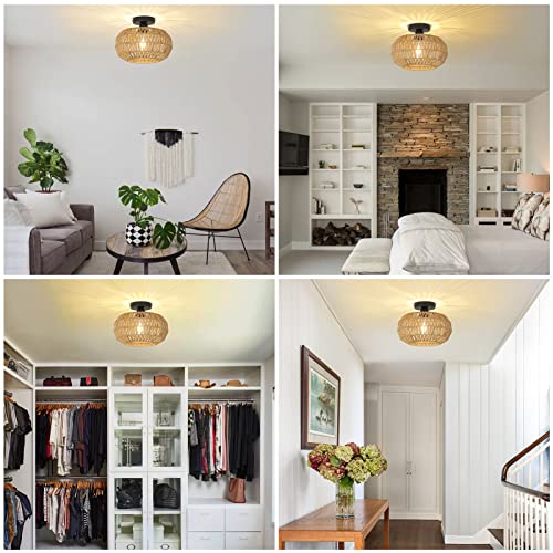 Pauful Rattan Light Fixtures Ceiling Mount,Boho Ceiling Light Fixture With Dimmable Led Bulb，Mini Hand Woven Rattan Chandelier Light Fixtures Ceiling For Bedroom Kitchen Entryway Living Room Hallway #TOP7