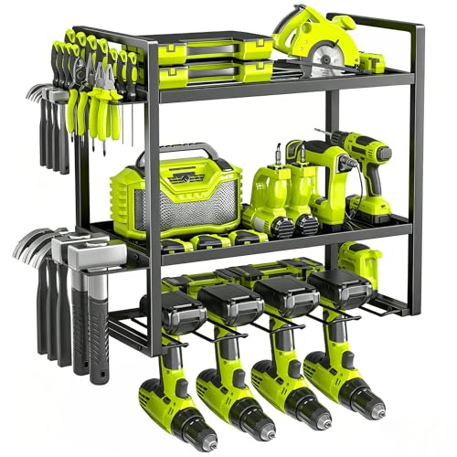 Image of BILIONE 3 Layer Power Tool Storage Wall Mounted, Heavy Duty Garage Tool Organiser, 90KG Load Capacity, Drill Holder & Tool Rack for Workshop, Home