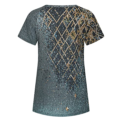 Wangxiyan Summer Women Vintage Tops Fashion Loose Fit Short Sleeve Crewneck Long Tunic Print Blouses Comfy Soft Shirts Tee Blue,Xx-Large #TOP4