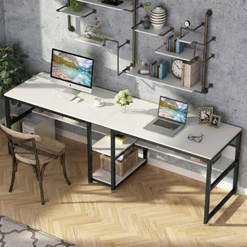 Image of TEKAVO Doris Two Person Desk I 200 CM I Two People Working Table for Office & Home I Computer Desktop Table for Home pc I Desk with Book Shelf Storage I White Wood I Metal I DIY