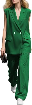 Pant Suits for Women Dressy Casual 2 Piece Sets Sleeveless Blazer Vest with Wide Leg Pants Work Office