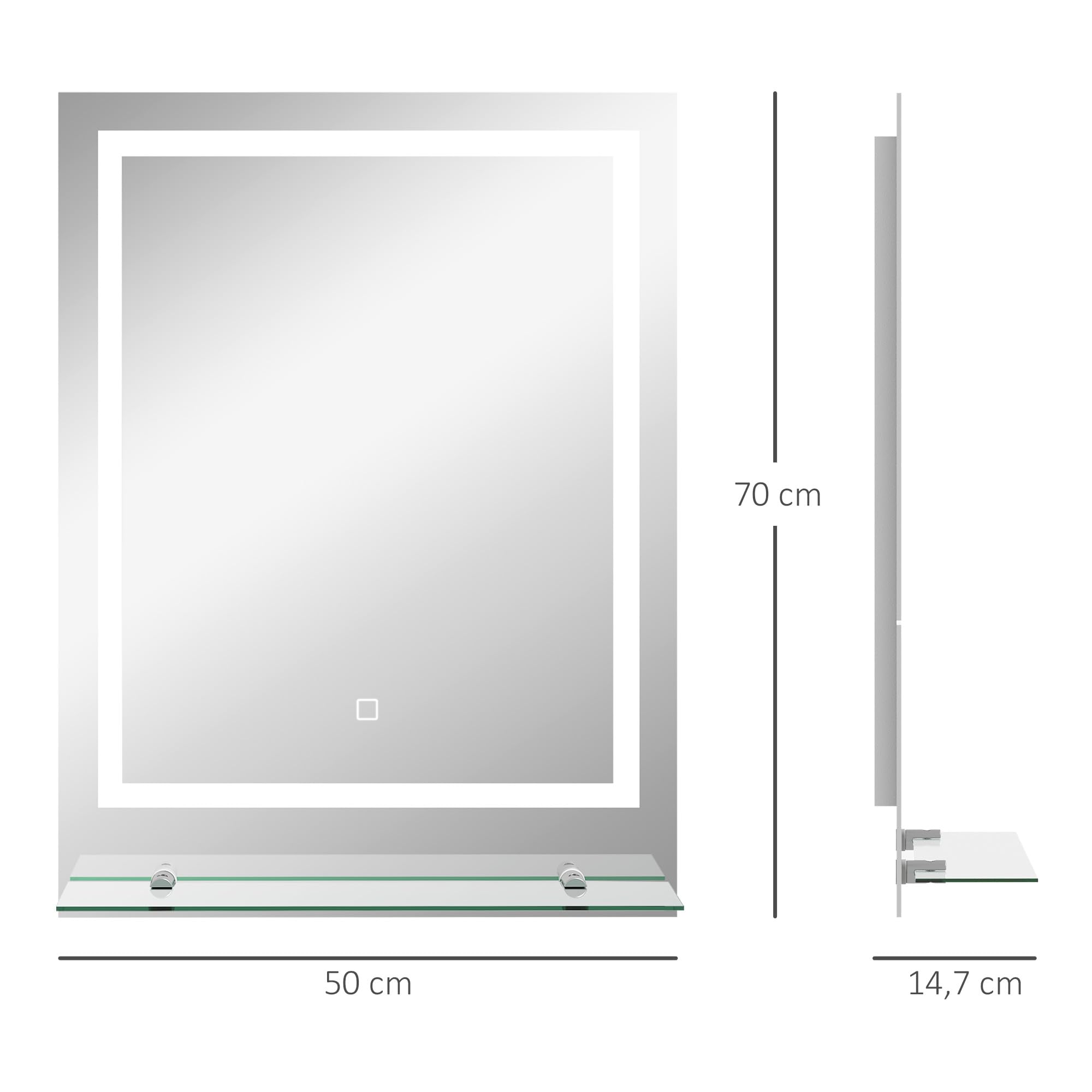 kleankin Miroir Lumineux LED rectangulaire Miroir Mural avec étagère de Salle de Bain 70 x 50 cm luminosité réglable Anti-buée Interrupteur Tactile