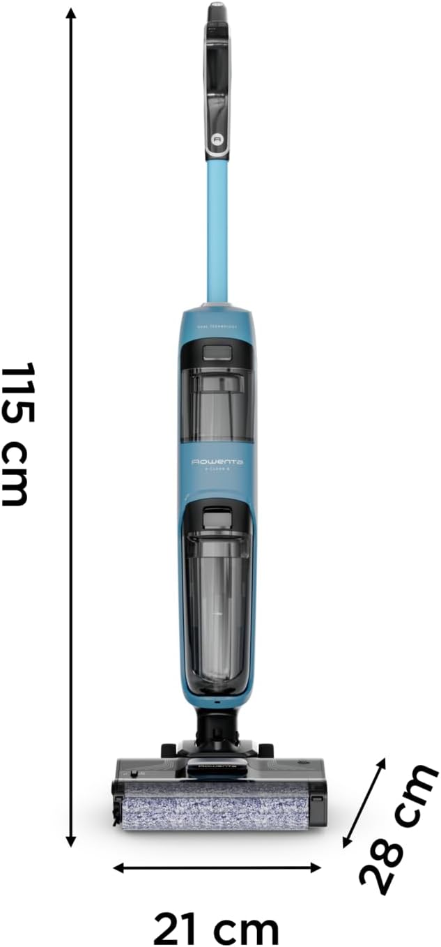 Diagram showing the dimensions of the Rowenta X-Clean 2: 115 cm height, 21 cm width, and 28 cm depth of the cleaning head.