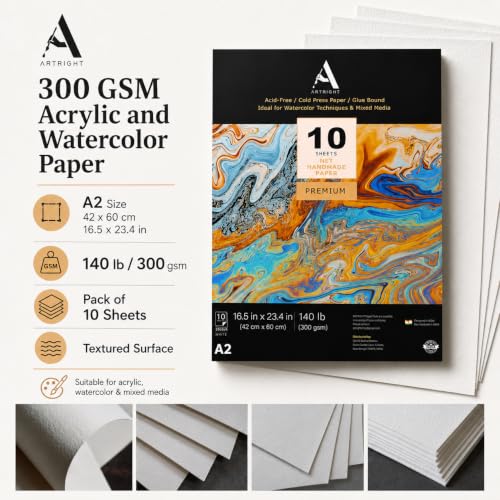 Image of ArtRight Artists' Acrylic Paper (A2 Pack of 10 Sheets, 300 GSM); 300 GSM Handmade Sheets for Gouache & Acrylic Media Papers