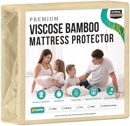 Image of Utopia Bedding Premium Waterproof Mattress Protector, Viscose Made from Bamboo Mattress Cover, Breathable, Fitted Style with Stretchable Pockets (Beige, Queen)