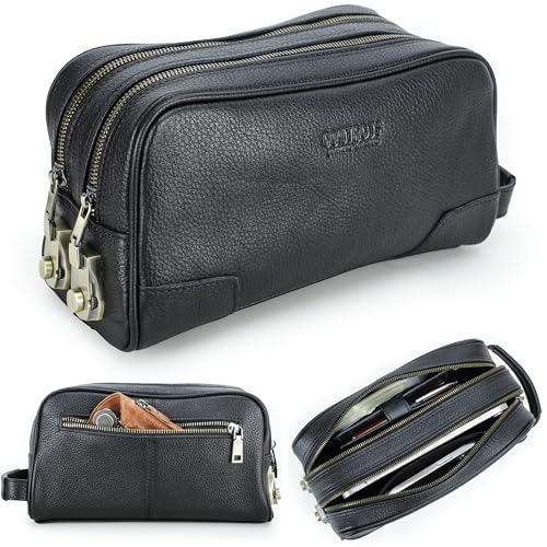 Top Grain Genuine Leather Travel Organizer Clutch Bag, Handmade Retro Vintage Design, 3 Zipper Pockets & Combination Locks, Portable Storage Bag for Phone/Cable/Charger/Notebook/Cash/Cosmetic, Black