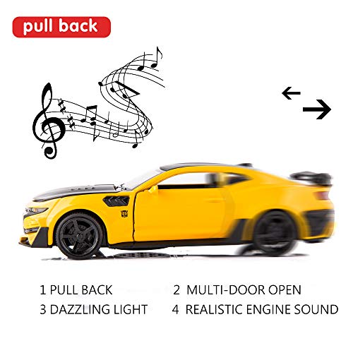 Image of BDTCTK Bumblebee Car Model Toy 1 /32 Zinc Alloy Casting Pull Back Car Sound and Light Toys for Kids Boy Girl Gift (Yellow)