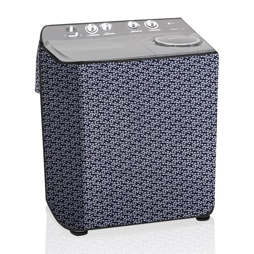 Image of The Furnishing Tree Semi-Automatic Top Load Washing Machine Cover | Waterproof & Dustproof | Easy to Clean | Inlet & Outlet Pipe Provision | Durable & Washable, Leaf Blue Polyester (53.5x89x99 CM)