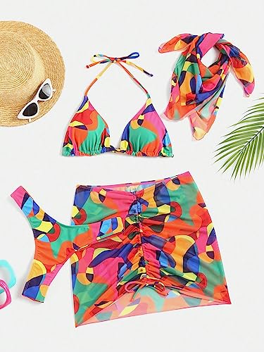 WDIRARA Women's 4 Piece Color Block Swimsuits Triangle Halter Sexy Bikini Sets with Bandana Mesh Cover Up Beach Skirt3