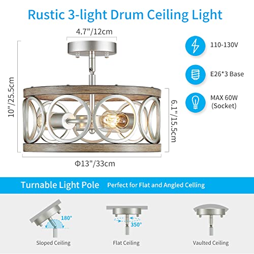 Xingqi 3-Lights Modern Ceiling Light Fixture Brushed Nickel Rustic Semi Flush Mount Ceiling Lights Wood Grain Metal Round Lamp For Kitchen Dining Room Bedroom Entryway #TOP4