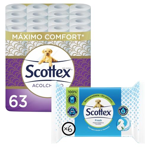 Scottex Papel Higiénico Acolchado 63 Rollos + Higiénico Húmedo Fresh 6 paquetes (444 servicios)