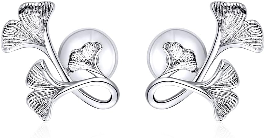 NewZenro Cute Vintage Ginkgo 925 Sterling Silver Floral Stud Earrings for Women, Cartilage Sensitive Ear, Hypoallergenic, Lightweight, Perfect for Wedding, Engagement, Birthday, Christmas