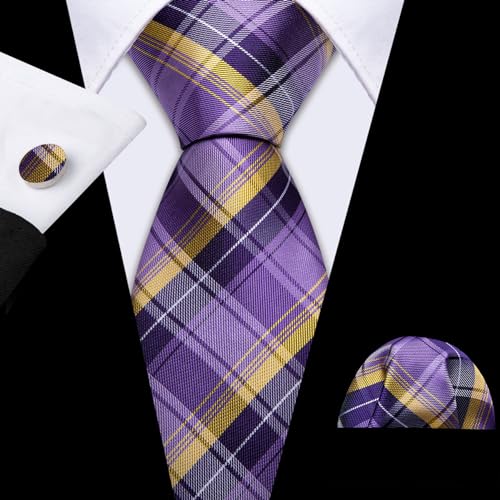 Image of YOHOWA Men Plaid /Striped Ties Set Silk Business Wedding Formal Fashion Necktie and Pocket Square Cufflinks Set