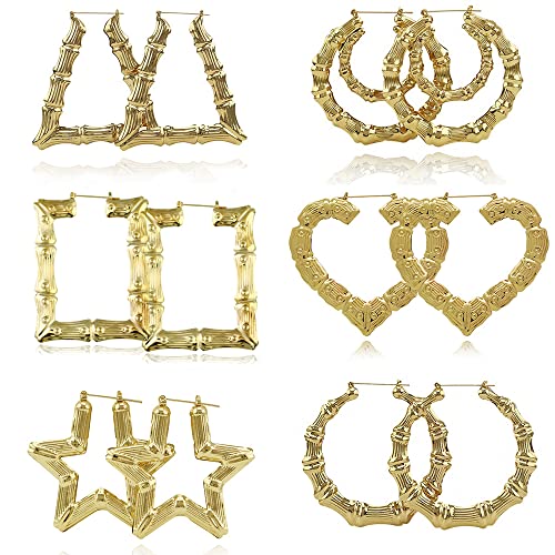 6 Pairs Large Bamboo Shaped Hoop Earrings Set Gold Tone Statement Hip-Hop Earrings for Women Jewelry