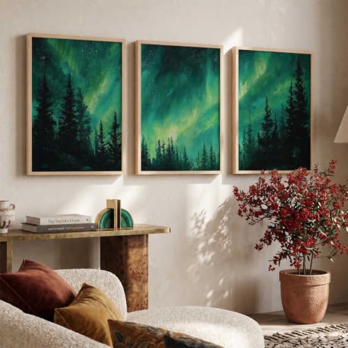 Image of kotart Big Aesthetic Nature Art Wall Framed Posters | Aurora Borealis Northern Lights View Framed Painting for Living Room Bedroom Wall Decor Set Of 3 (10X13 inch)