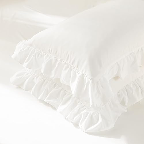 Juego de 2 fundas de almohada con sobre de microfibra de algodón blanco, tamaño estándar, con volantes, 26 x 20 pulgadas, para decoración de cama,