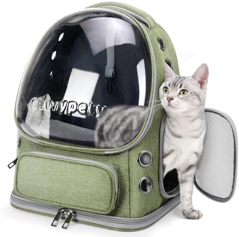 Cawypety Cat Backpack Carrier, Breathable Cat Carrier Large Space Bubble Pet Backpack for Kitty Small Dog up to 15lbs, Transparent & Foldable Pet Carrier for Travel Hiking