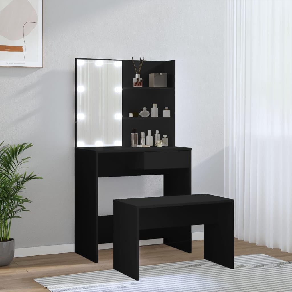 Set Tavolo da Toeletta con LED Nero in Legno Multistrato,Mobili,Armadietti e portaoggetti,Componenti di arredo,Toeletta-3114108