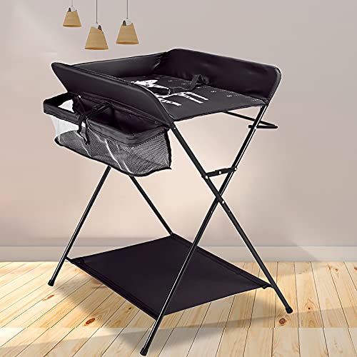 Cambiador plegable, cambiador de altura ajustable con ruedas, ahorra espacio y es estable, 80 x 63 x 96 cm, cambiador móvil con cinturón de seguridad para bebés de menos de 12 meses (negro)