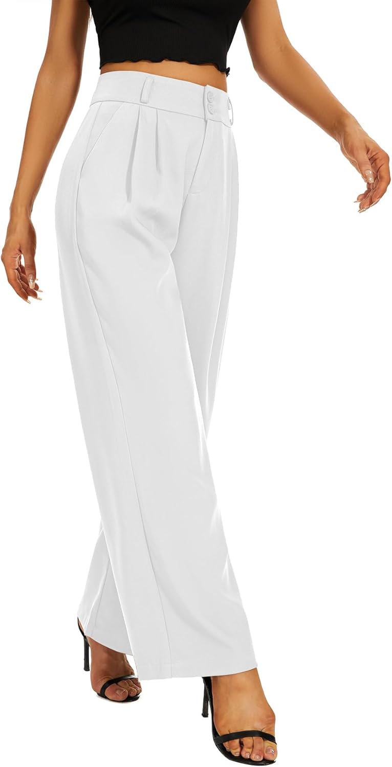 Women High Waist Wide Leg Dress Pants Pleated Front Wide Waistband Elastic Work Casual Long Trousers - Image 3