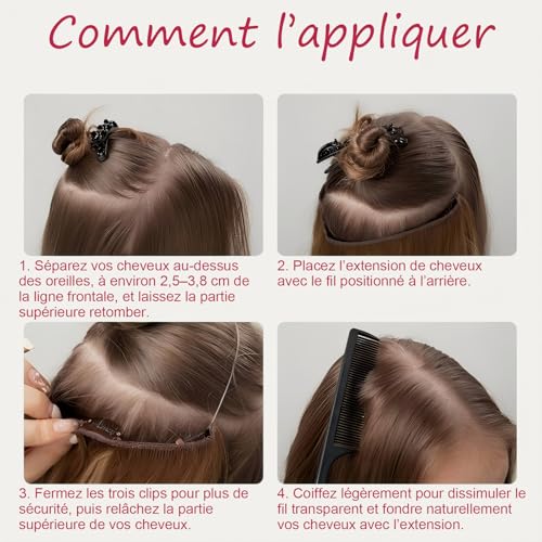 JJstar Extension de Cheveux Halo 50 cm avec Fil Invisible et 3 Clips, Cheveux Lisses, Postiche Synthétique Résistant à la Chaleur pour Femme, Volume et Longueur Naturels – vue 5
